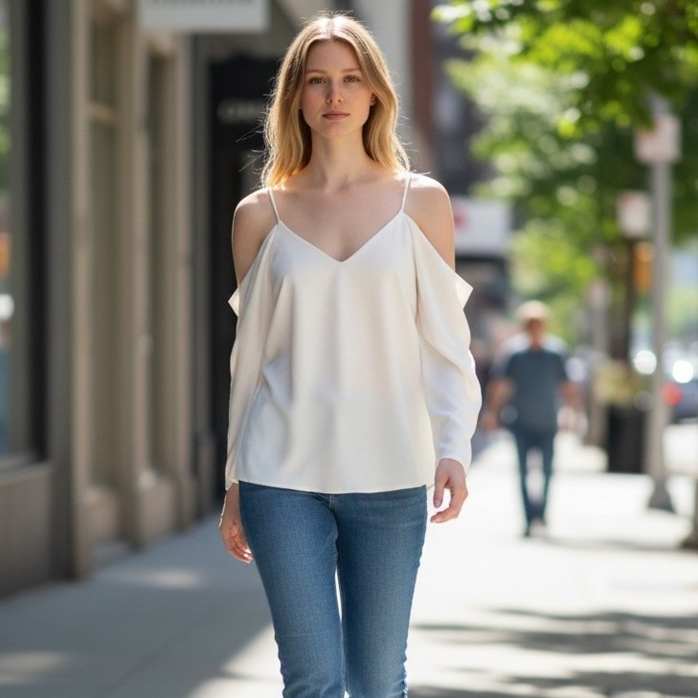 Mare Mare Anthropologie Cold Shoulder V Neck Cream Blouse Top Women's Size Large